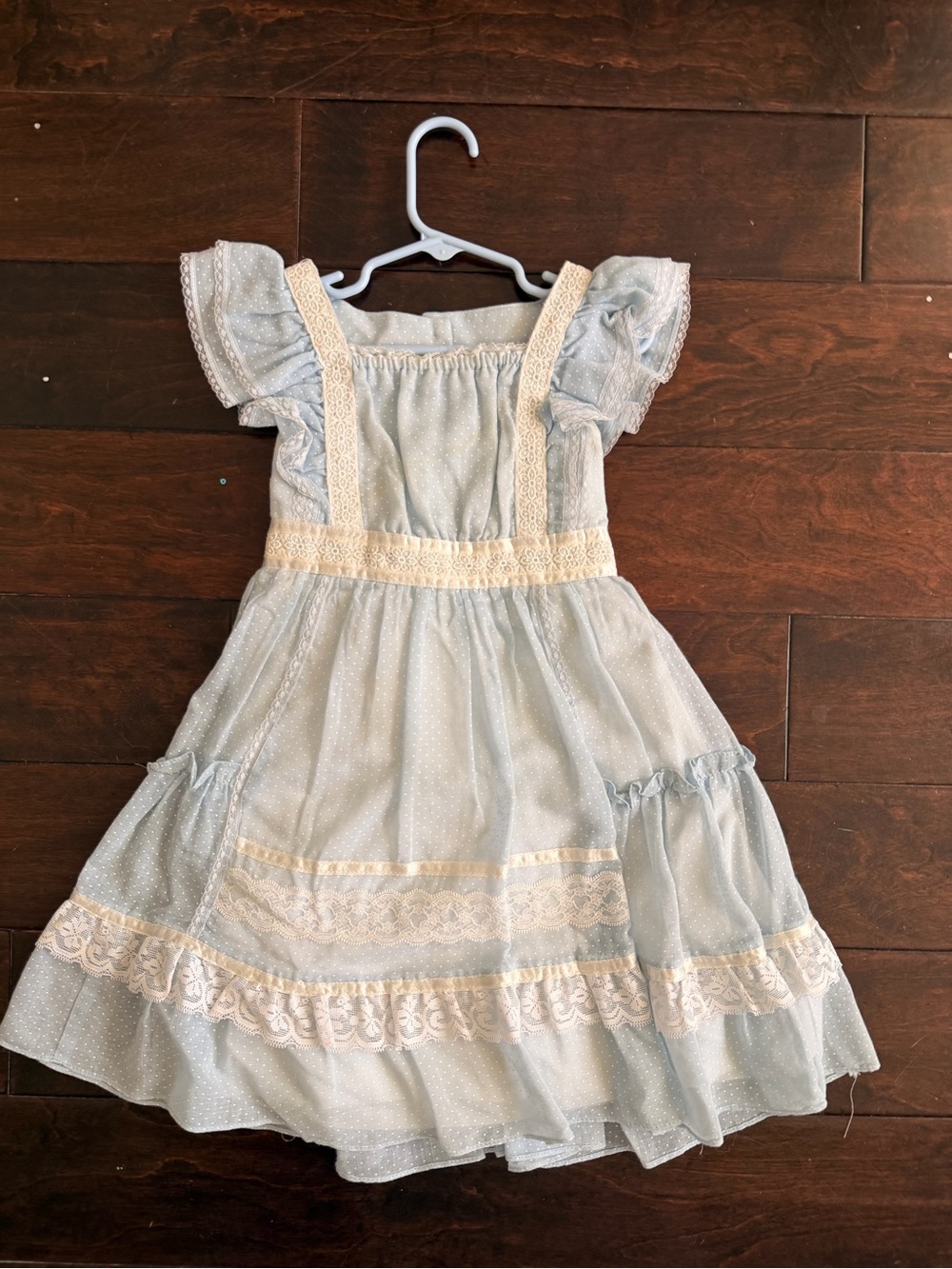 Vintage Light Blue Girls' Dress with Cream Lace Trim